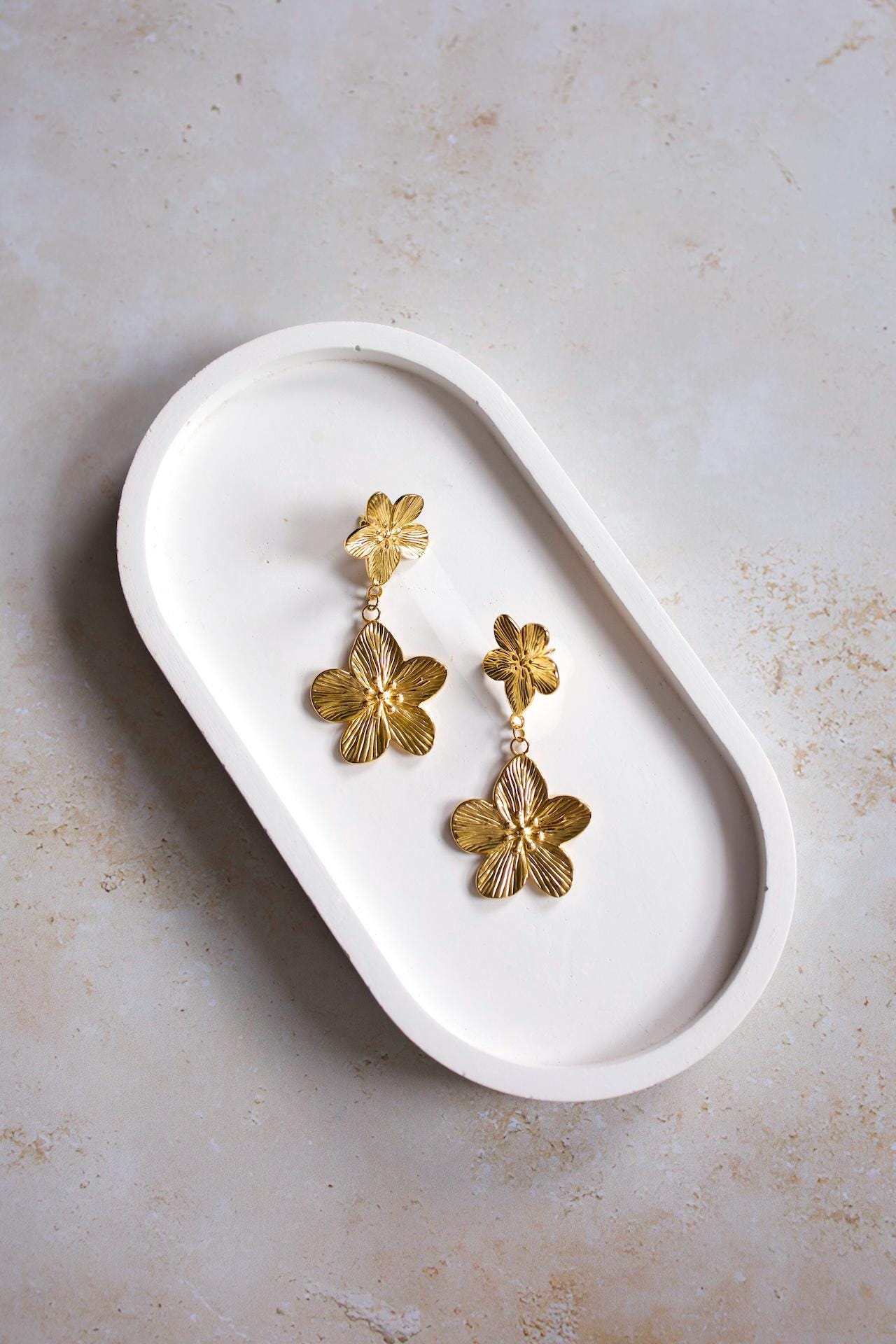 18k Gold Plated Flower Dangle Earrings, Waterproof Statement Jewelry