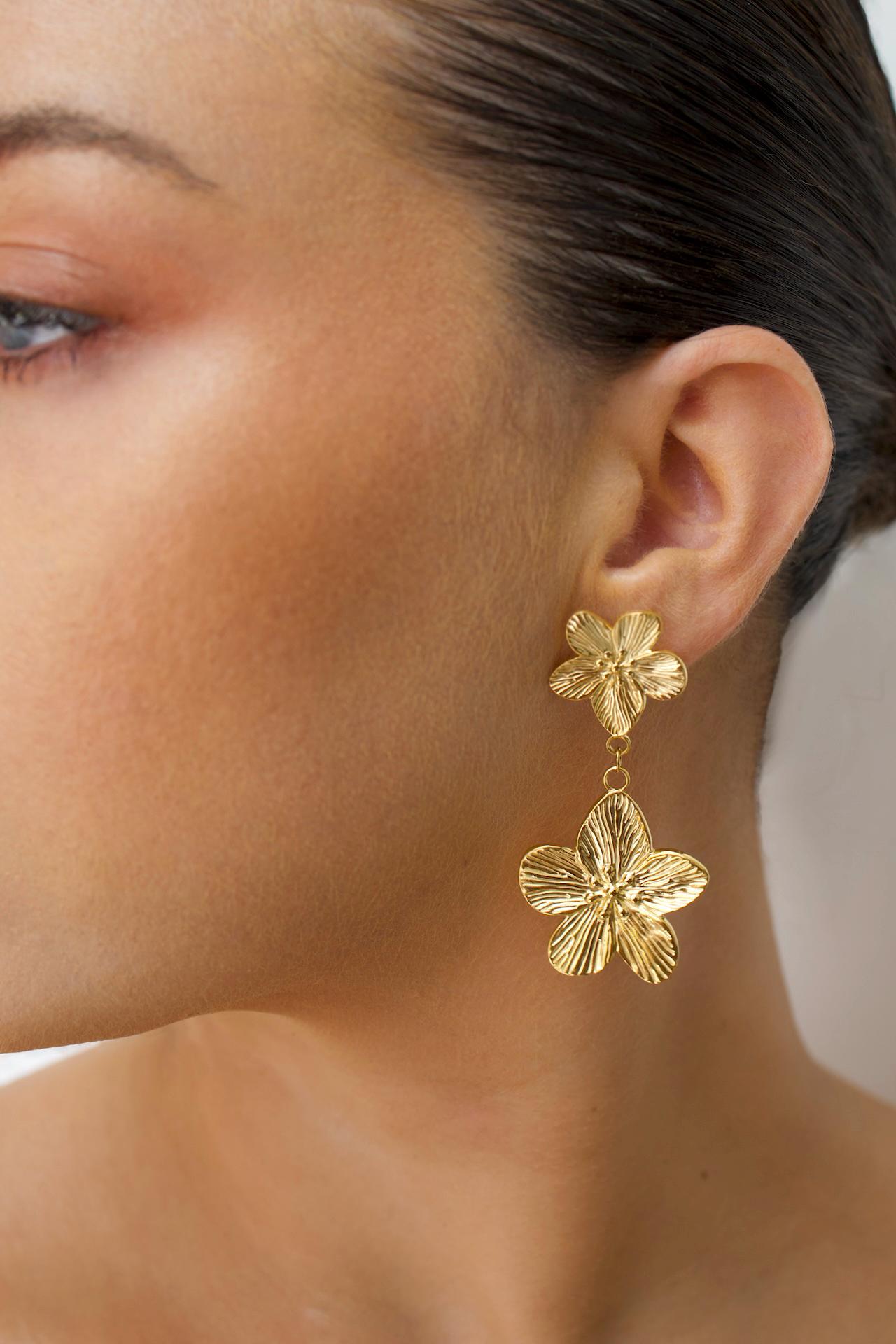 18k Gold Plated Flower Dangle Earrings, Waterproof Statement Jewelry