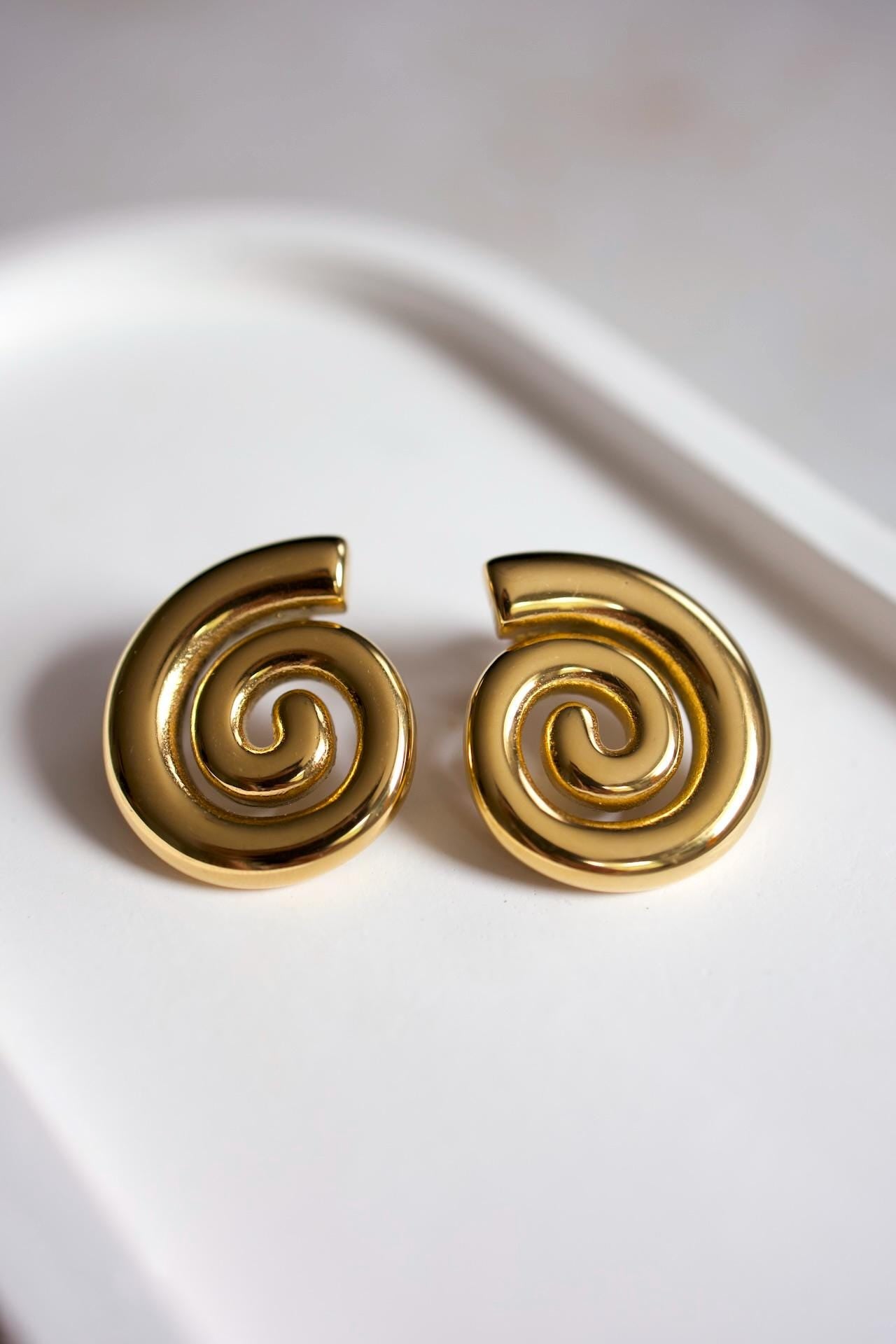 18k Gold Plated Spiral Stud Earrings, Waterproof Swirl Jewelry