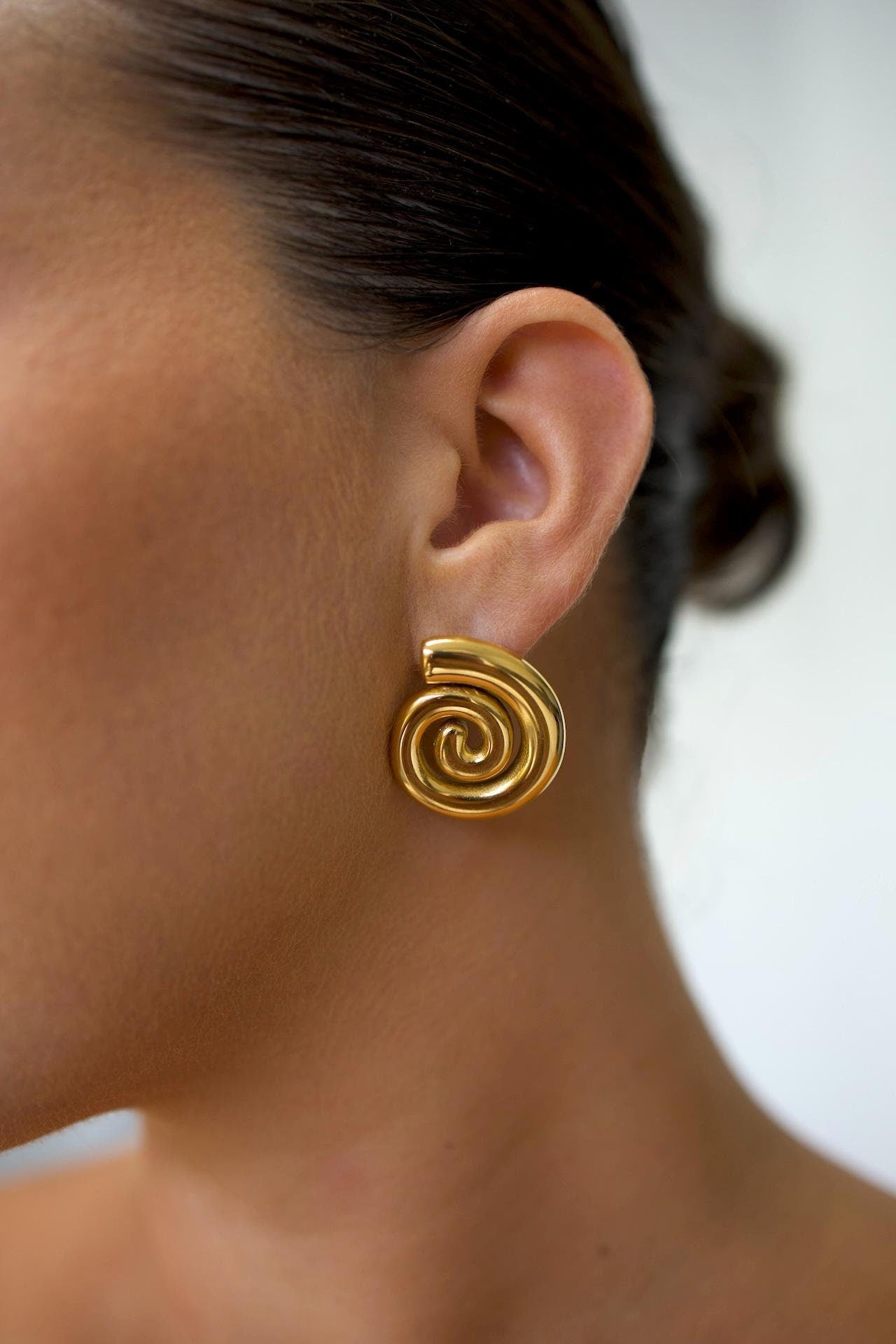 18k Gold Plated Spiral Stud Earrings, Waterproof Swirl Jewelry