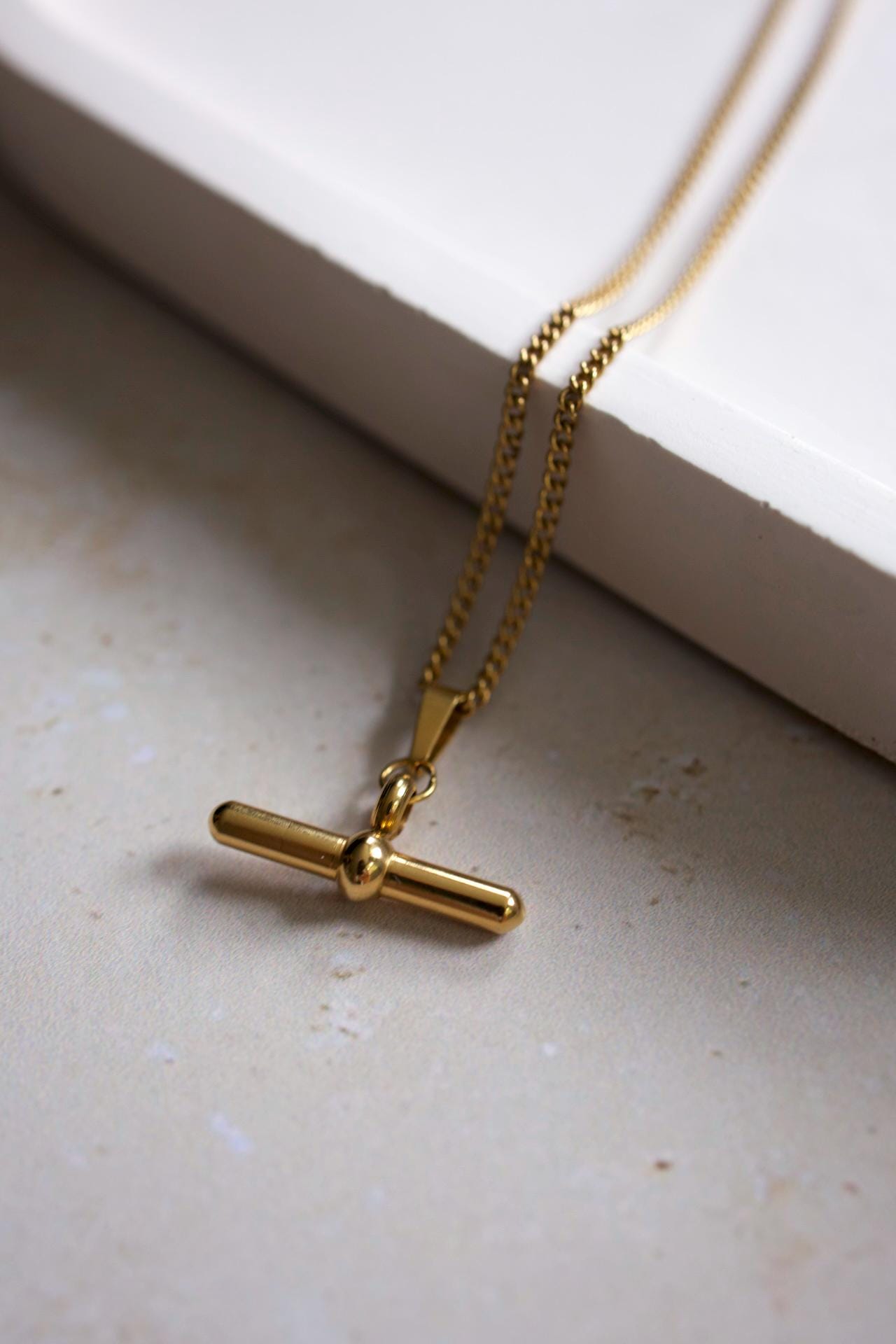 18K Gold Plated T-Bar Necklace, Waterproof Stainless Steel