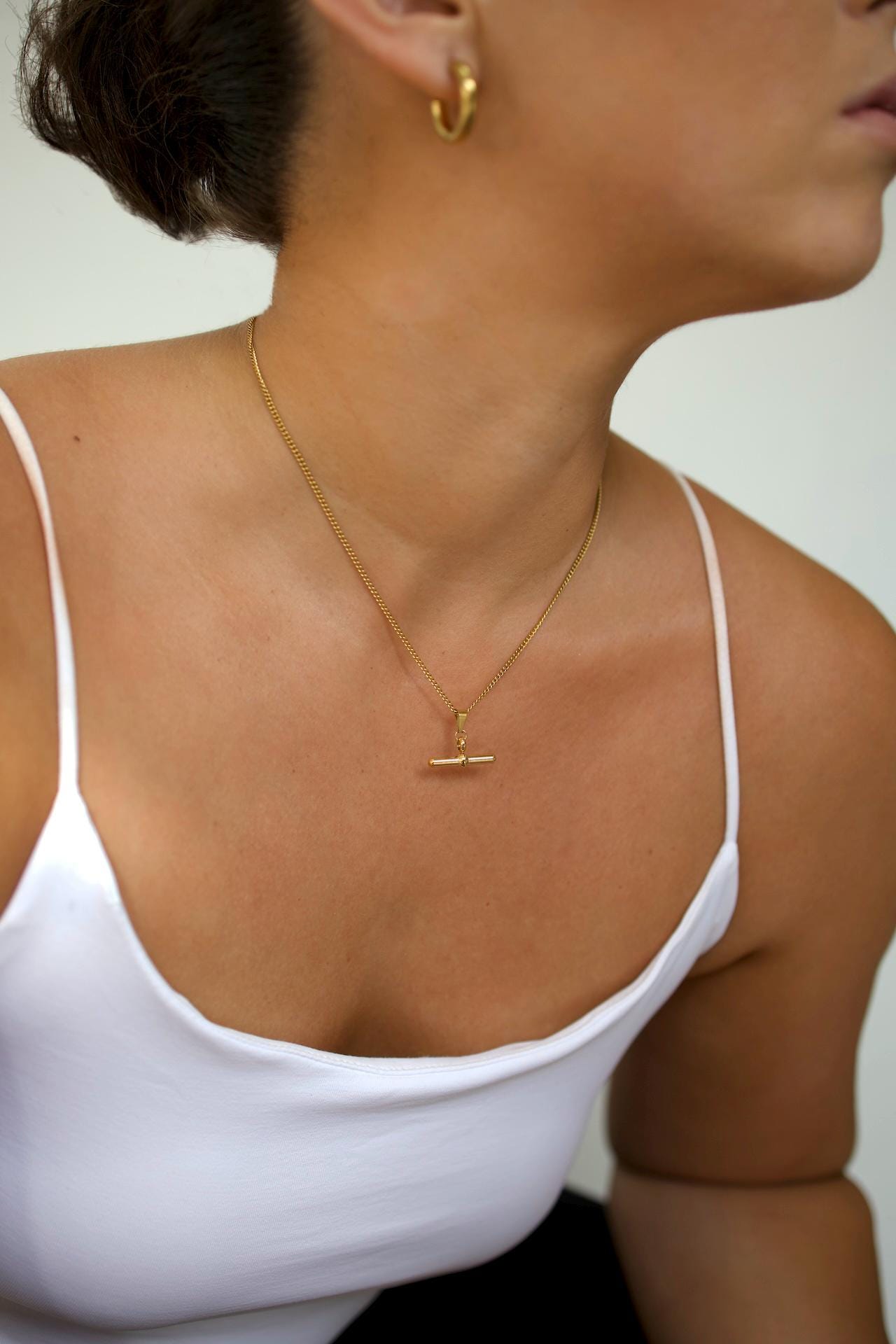 18K Gold Plated T-Bar Necklace, Waterproof Stainless Steel