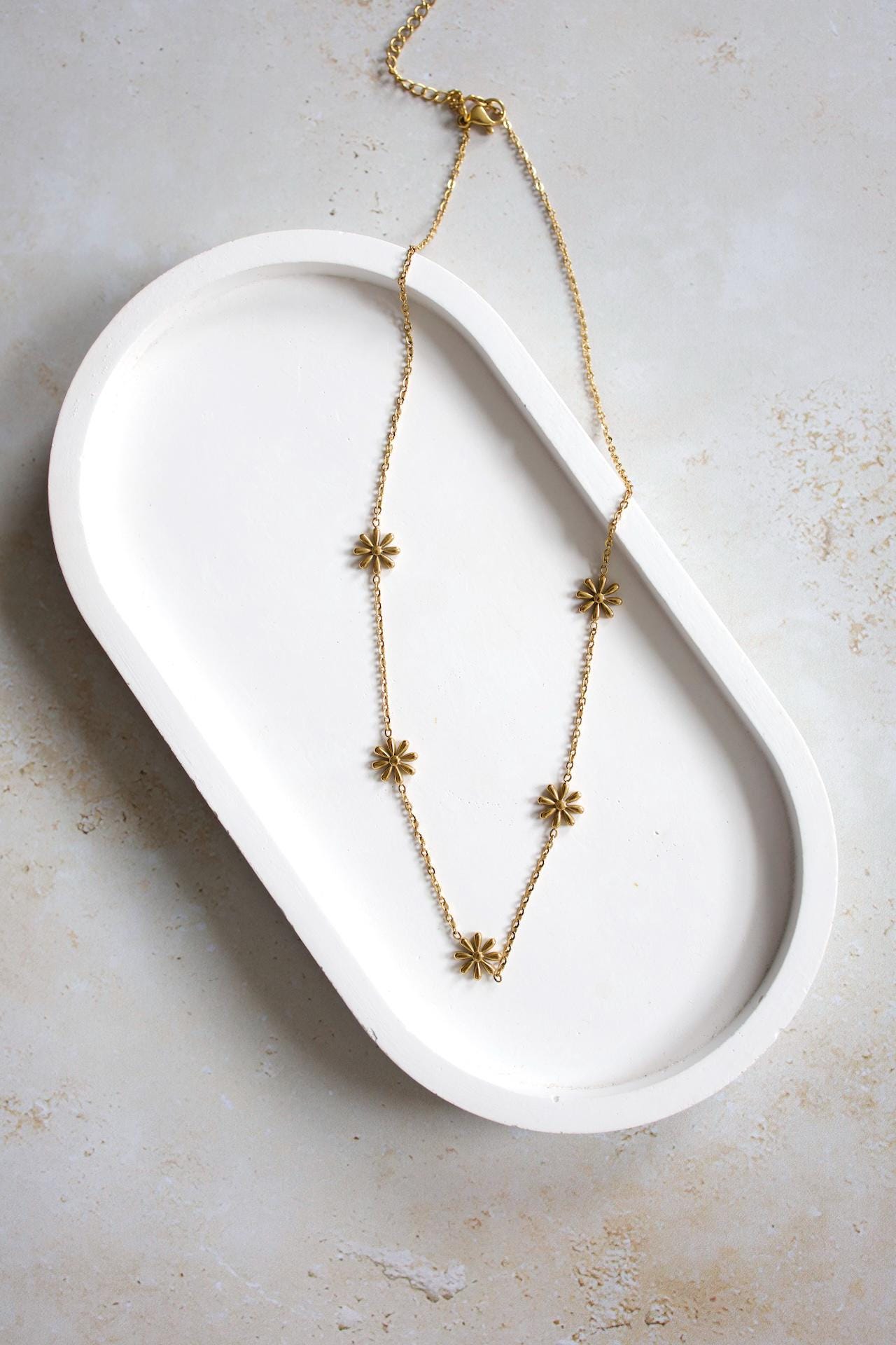 18K Gold Plated Daisy Chain Necklace, Waterproof Floral Jewelry