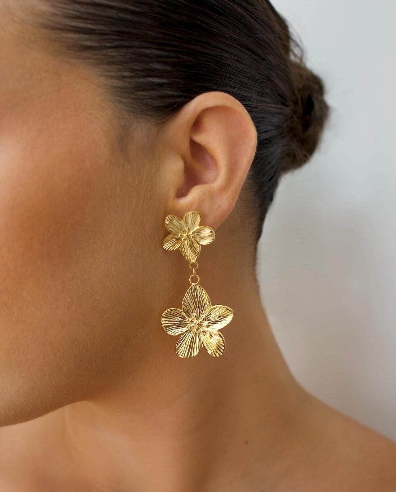 18k Gold Plated Flower Dangle Earrings, Waterproof Statement Jewelry