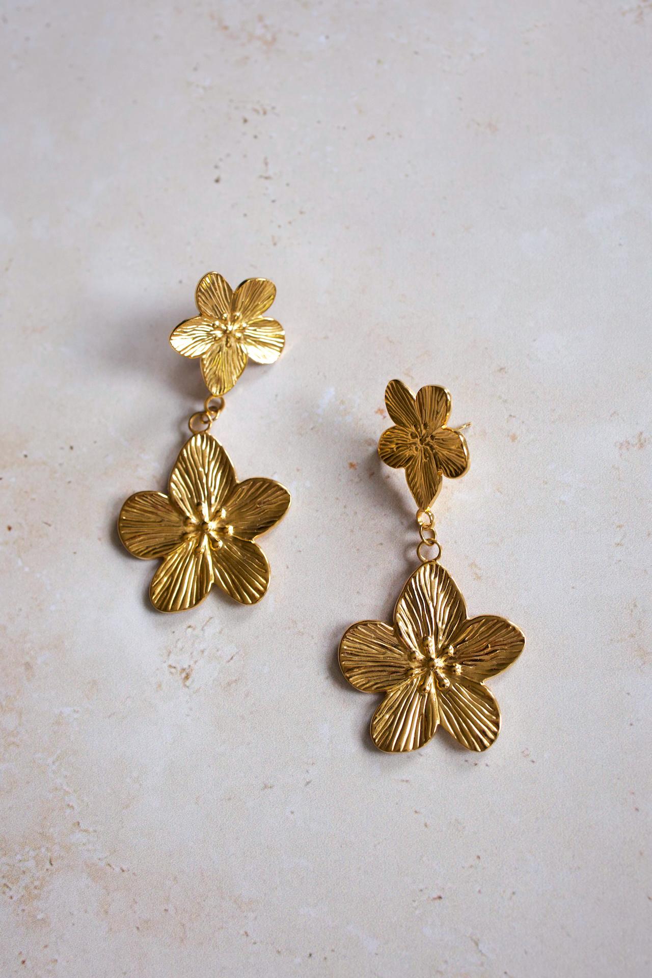 18k Gold Plated Flower Dangle Earrings, Waterproof Statement Jewelry