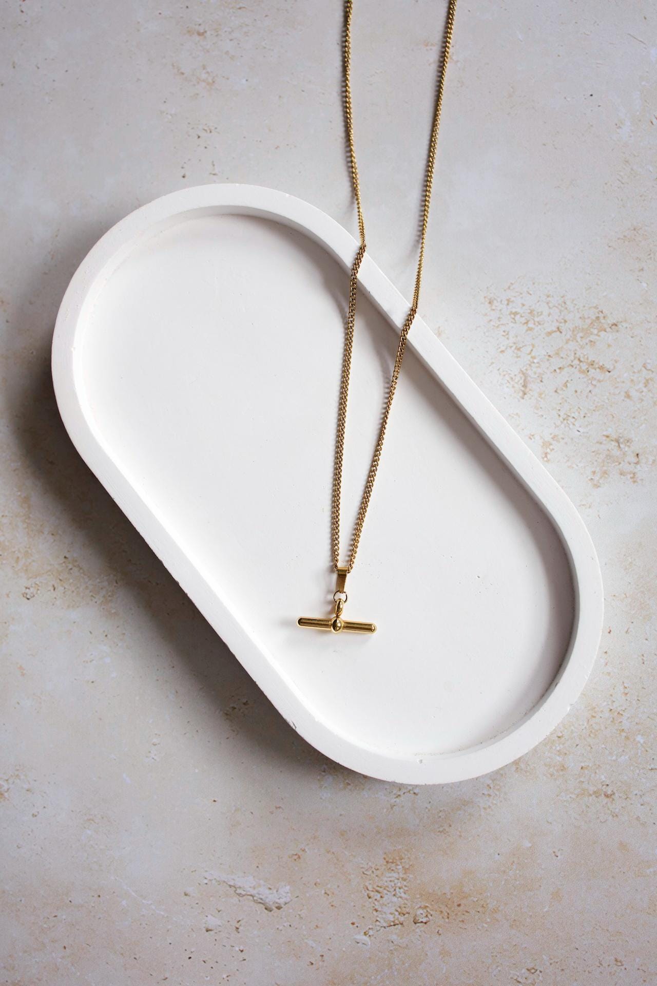 18K Gold Plated T-Bar Necklace, Waterproof Stainless Steel