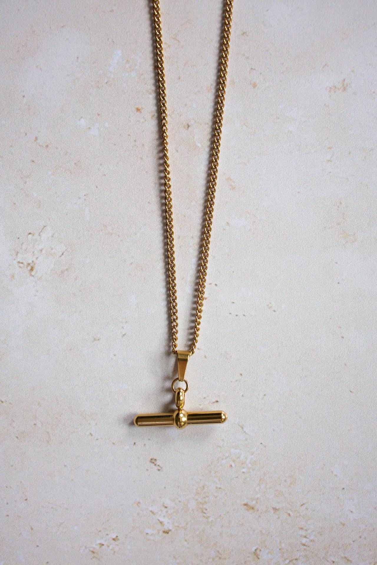 18K Gold Plated T-Bar Necklace, Waterproof Stainless Steel