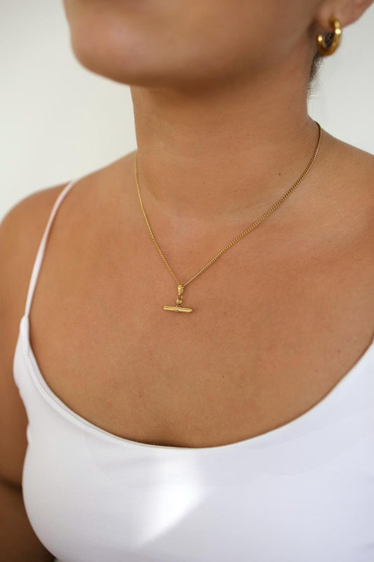18K Gold Plated T-Bar Necklace, Waterproof Stainless Steel