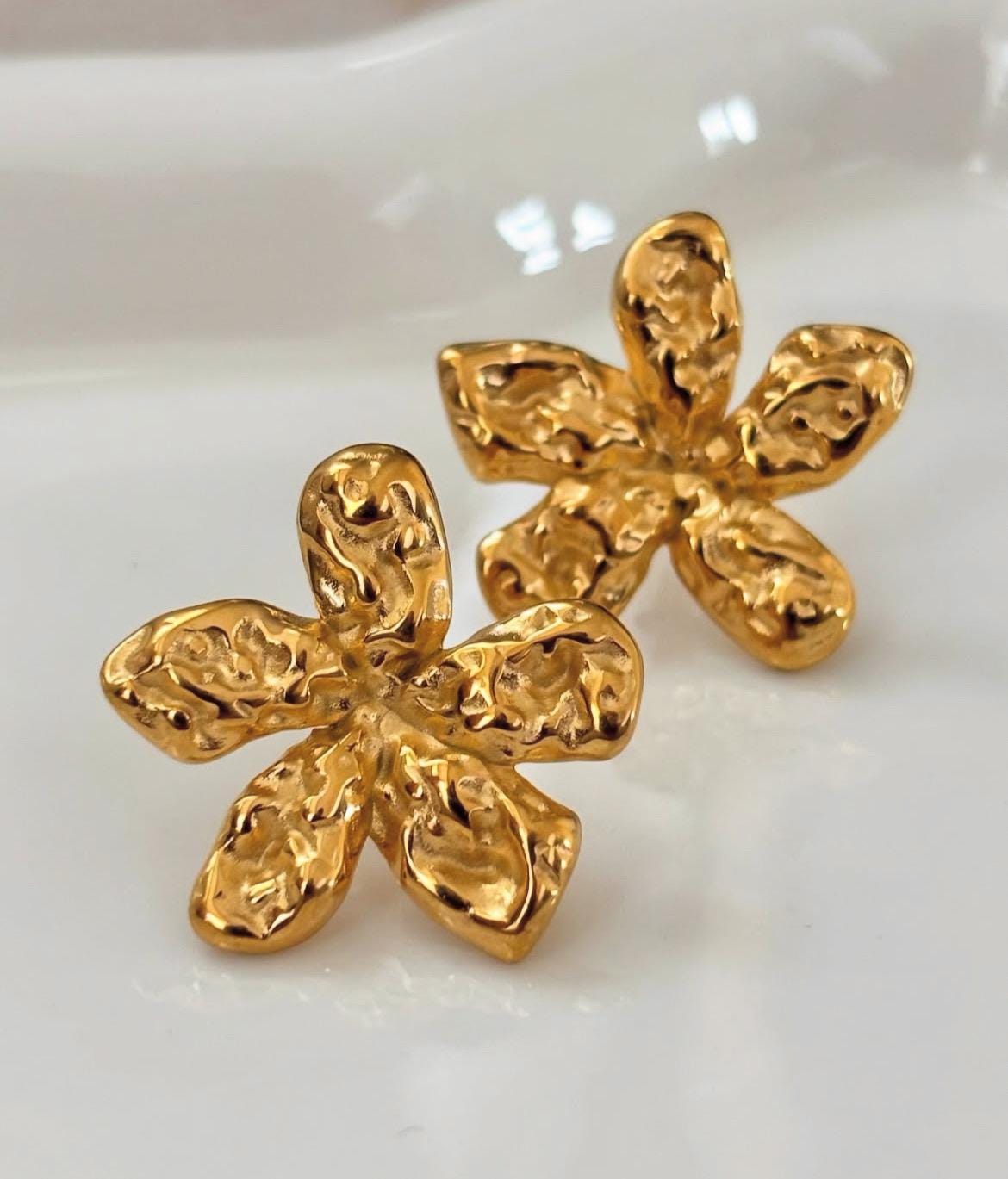 18K Gold Plated Flower Earrings, Waterproof Stainless Steel