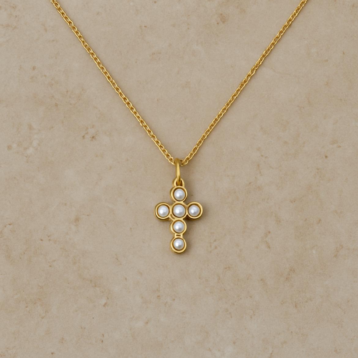 Pearl Cross Necklace, 18k Gold Plated Stainless Steel, Religious Jewelry
