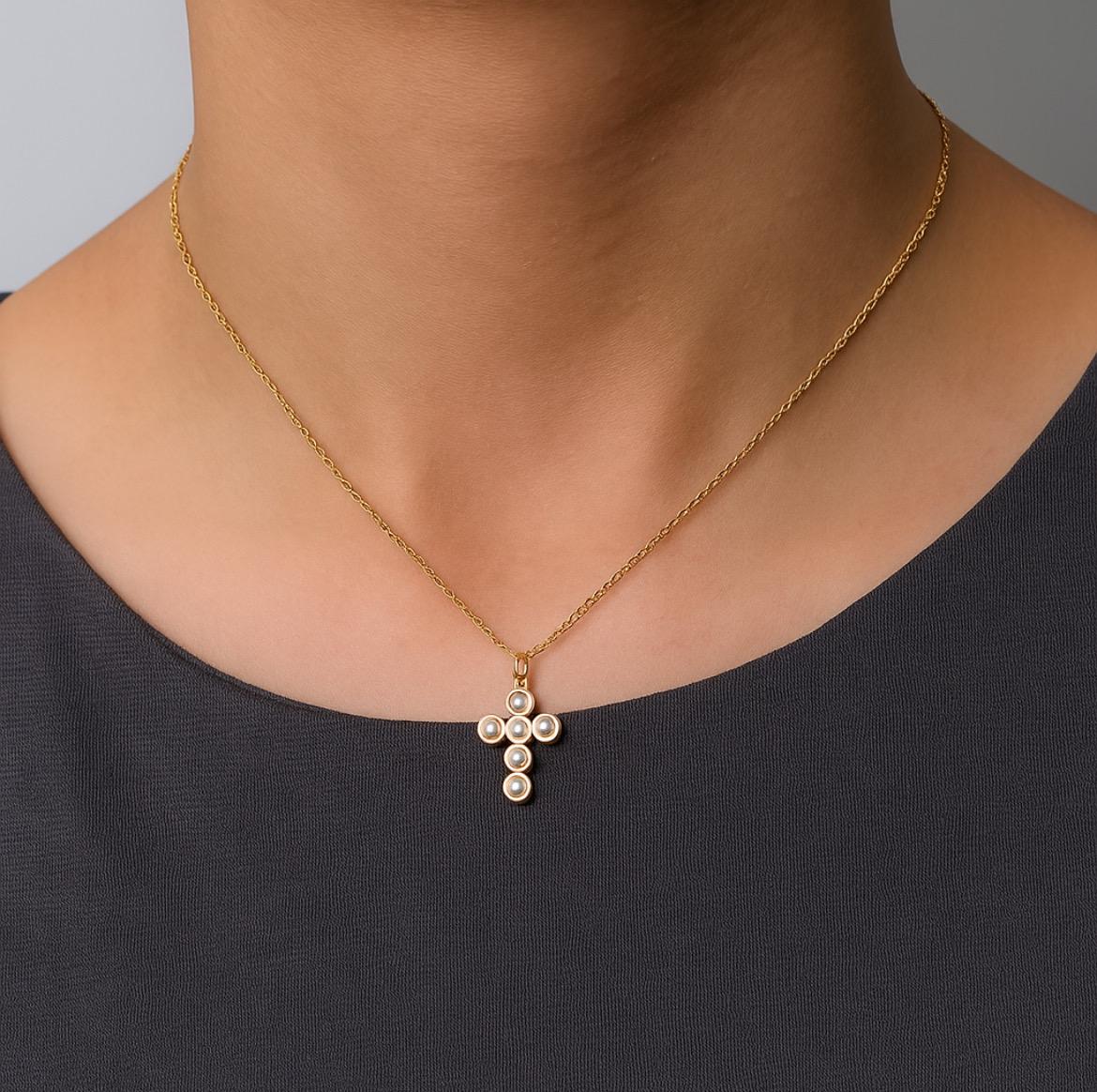 Pearl Cross Necklace, 18k Gold Plated Stainless Steel, Religious Jewelry