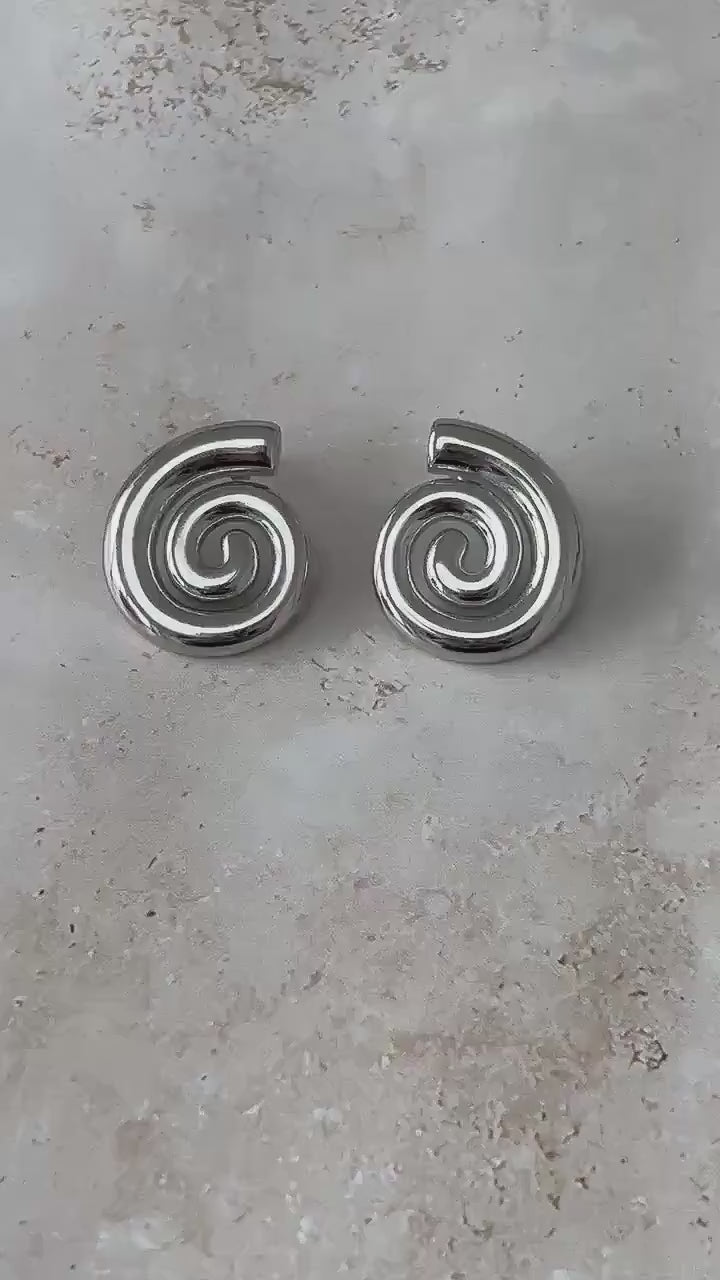 Silver Spiral Stud Earrings, Waterproof Stainless Steel