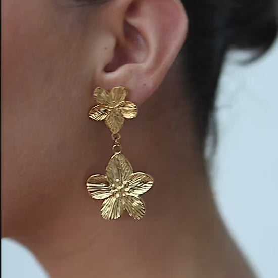 18k Gold Plated Flower Dangle Earrings, Waterproof Statement Jewelry