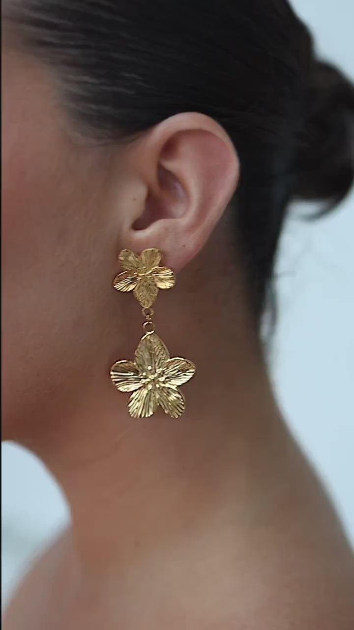 18k Gold Plated Flower Dangle Earrings, Waterproof Statement Jewelry